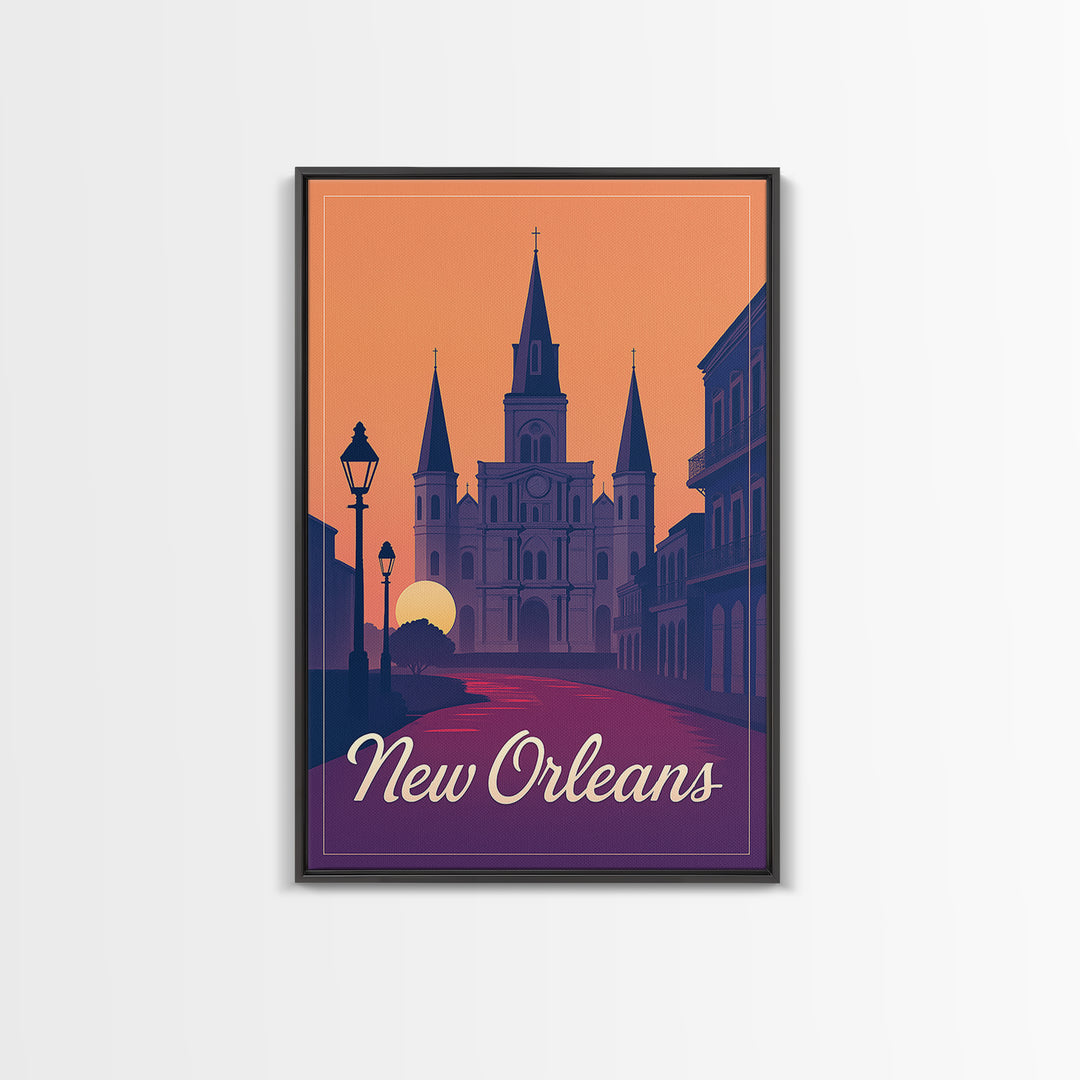 New Orleans Louisiana Travel Poster, Framed Canvas Print, Retro Sunset Skyline Art, New Orleans City Art, Travel Wall Art, Travel Art Print