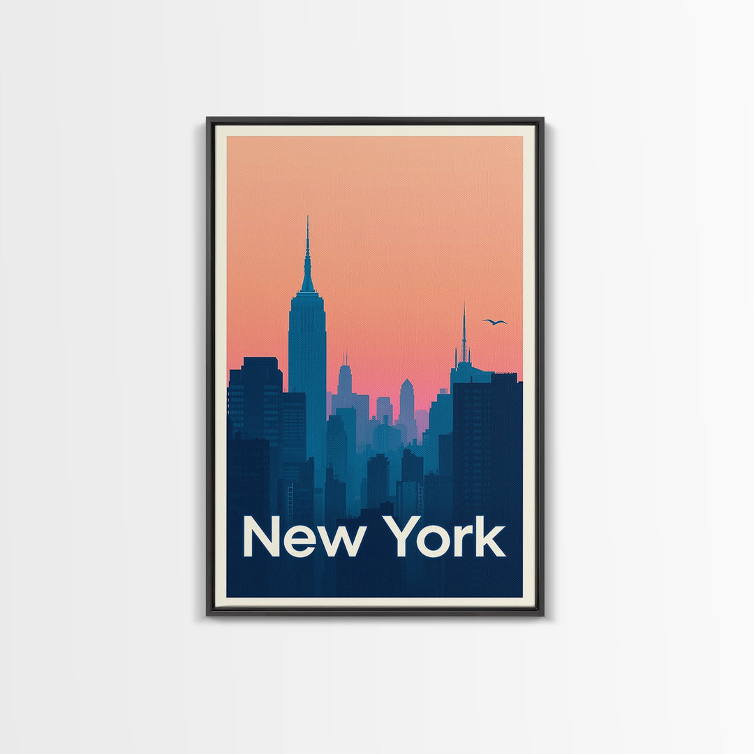 New York Travel Poster, Framed Canvas Print, Retro Sunset Skyline Art, New York Travel Art, Living Room Wall Art, Eclectic Wall Decor