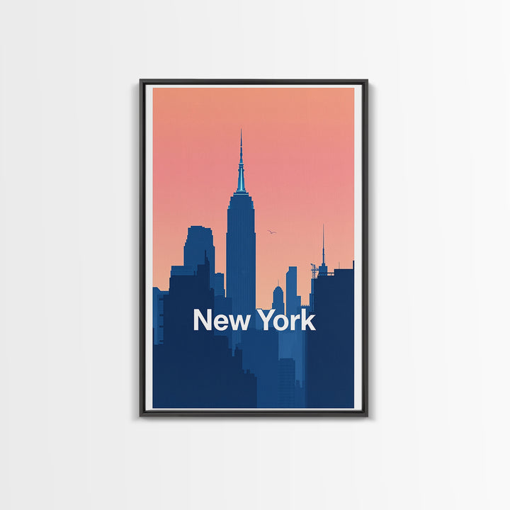 New York Travel Poster, Framed Canvas Print, Retro Sunset Skyline Art, New York City Art, City Art Print, Modern Wall Decor, Poster Art