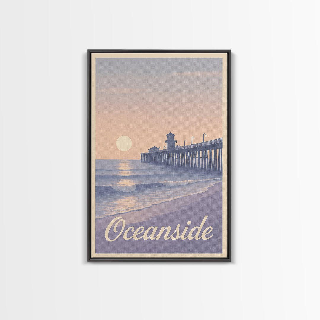 Oceanside Travel Poster, Canvas Print, Retro Sunset Skyline Art, Oceanside Wall Art, Retro Travel Print, Watercolor Skyline, Design 2