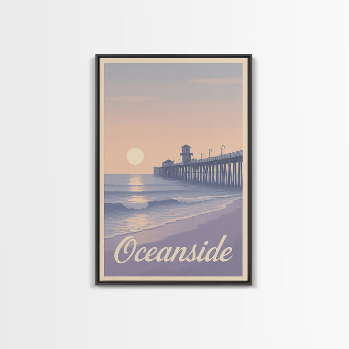 Oceanside Travel Poster, Canvas Print, Retro Sunset Skyline Art, Oceanside Wall Art, Retro Travel Print, Watercolor Skyline, Design 2