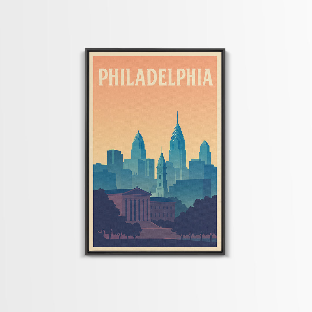 Philadelphia Travel Poster, Framed Canvas Print, Retro Sunset Skyline Art, Philadelphia City Art, Retro Travel Print, City Travel Prints