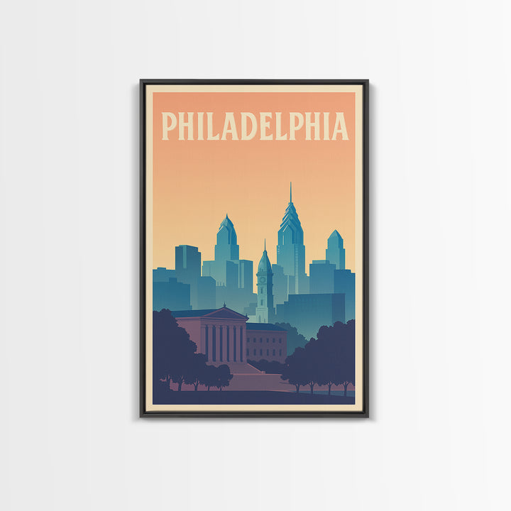 Philadelphia Travel Poster, Framed Canvas Print, Retro Sunset Skyline Art, Philadelphia City Art, Retro Travel Print, City Travel Prints