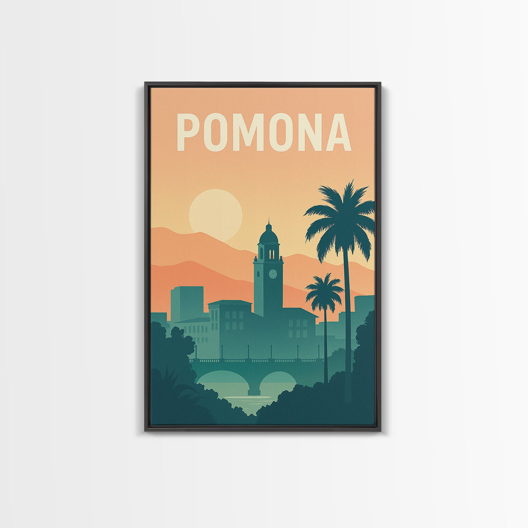 Pomona Travel Poster, Canvas Print, Retro Sunset Skyline Art, Pomona Travel Art, City Illustration, City Art Print, Travel Poster Art