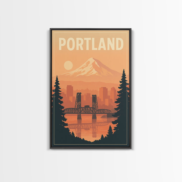 Portland Oregon Travel Poster, Framed Canvas Print, Retro Sunset Skyline Art, Portland Travel Art, City Illustration, Travel Poster Art