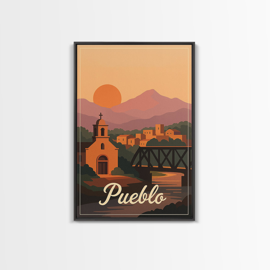 Pueblo Colorado Travel Poster, Canvas Print, Retro Sunset Skyline Art, Pueblo Wall Art, Retro Travel Print, Modern Wall Decor, Travel Gift