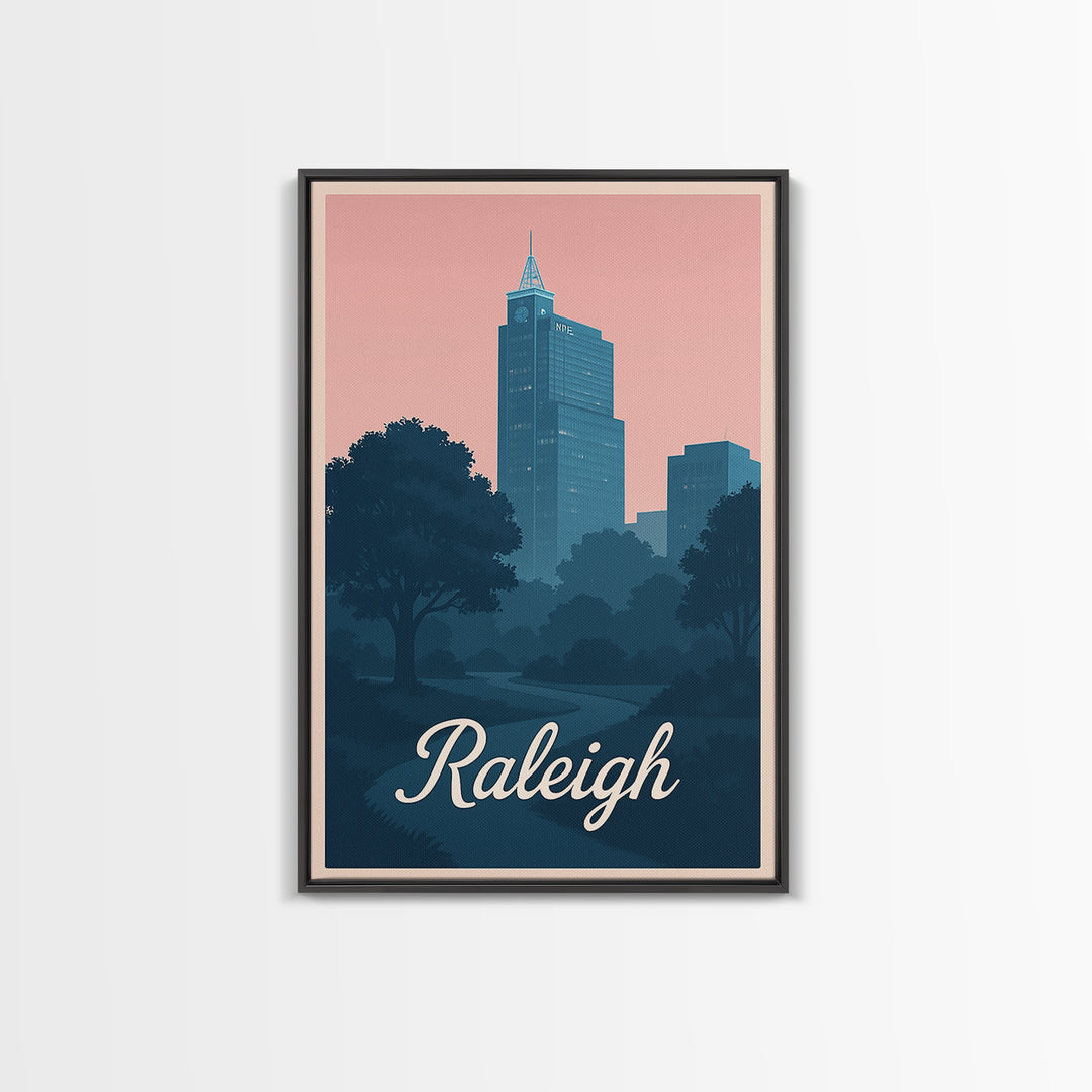 Raleigh Travel Poster, Framed Canvas Print, Classic Travel Poster Art, Raleigh Wall Art, Travel Poster Art, Vintage Travel Art