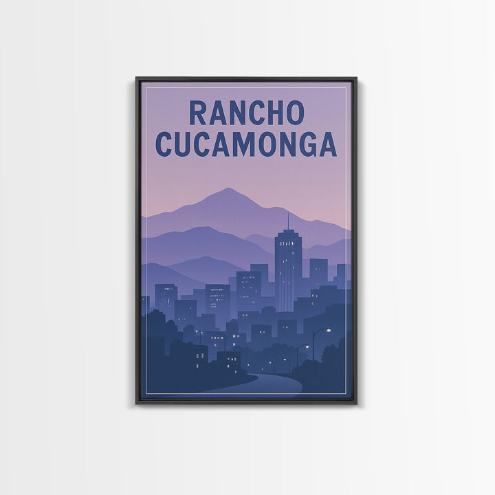 Rancho Cucamonga California Travel Poster, Framed Canvas Print, Retro Sunset Skyline Art, Rancho Cucamonga Poster Print, Eclectic Wall Decor