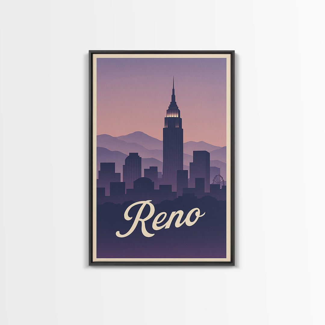 Reno Travel Poster, Canvas Print, Retro Sunset Skyline Art, Reno Art Print, City Illustration, Wanderlust Decor, Mid Century Wall Art
