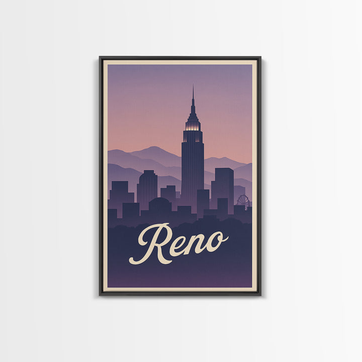 Reno Travel Poster, Canvas Print, Retro Sunset Skyline Art, Reno Art Print, City Illustration, Wanderlust Decor, Mid Century Wall Art