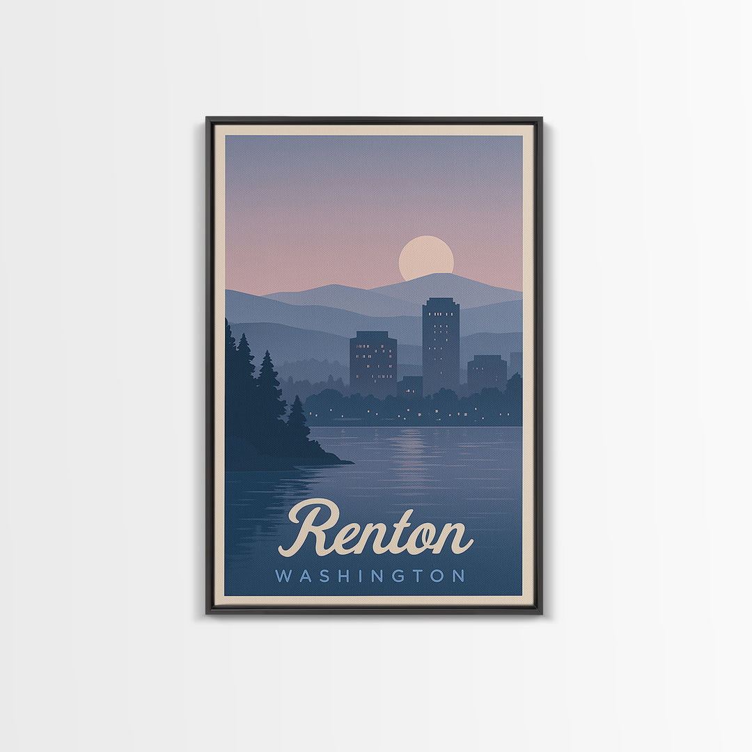 Renton Travel Poster, Framed Canvas Print, Mid Century City Wall Art, Renton Wall Art, Home Office Decor, Travel Wall Decor, Art Print