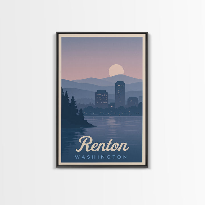 Renton Travel Poster, Framed Canvas Print, Mid Century City Wall Art, Renton Wall Art, Home Office Decor, Travel Wall Decor, Art Print
