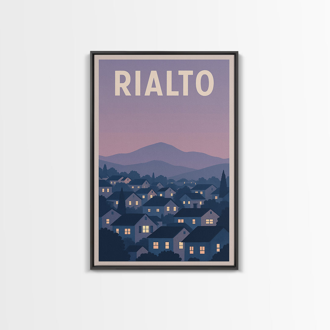 Rialto Travel Poster, Framed Canvas Print, Retro Sunset Skyline Art, Rialto Wall Art, Watercolor Skyline Art, Travel Poster Art, Design 2