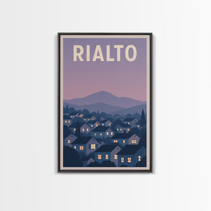Rialto Travel Poster, Framed Canvas Print, Retro Sunset Skyline Art, Rialto Wall Art, Watercolor Skyline Art, Travel Poster Art, Design 2