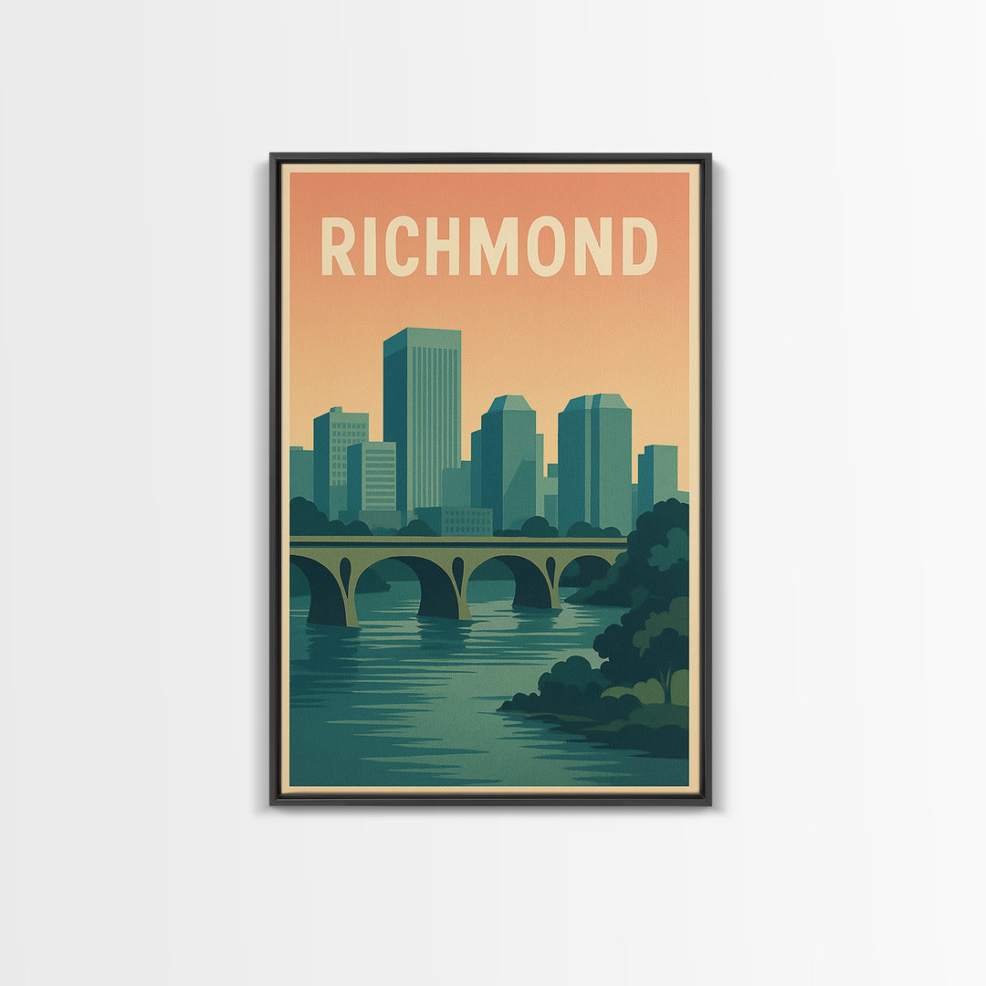 Richmond Virginia Travel Poster, Canvas Print, Retro Sunset Skyline Art, Richmond Poster Print, Watercolor Cityscape, Retro Travel Print