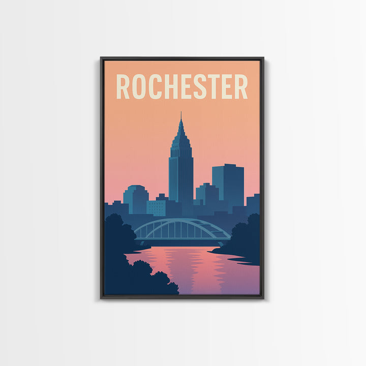 Rochester Travel Poster, Framed Canvas Print, Mid Century City Wall Art, Rochester Travel Art, City Art Print, Vintage City Poster