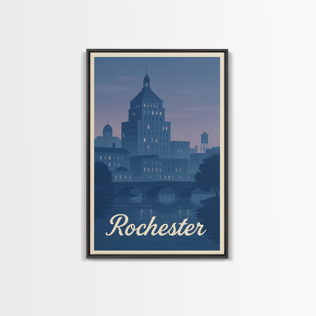 Rochester Travel Poster, Framed Canvas Print, Vintage Travel Poster Art, Rochester City Art, City Travel Prints, Vintage City Poster