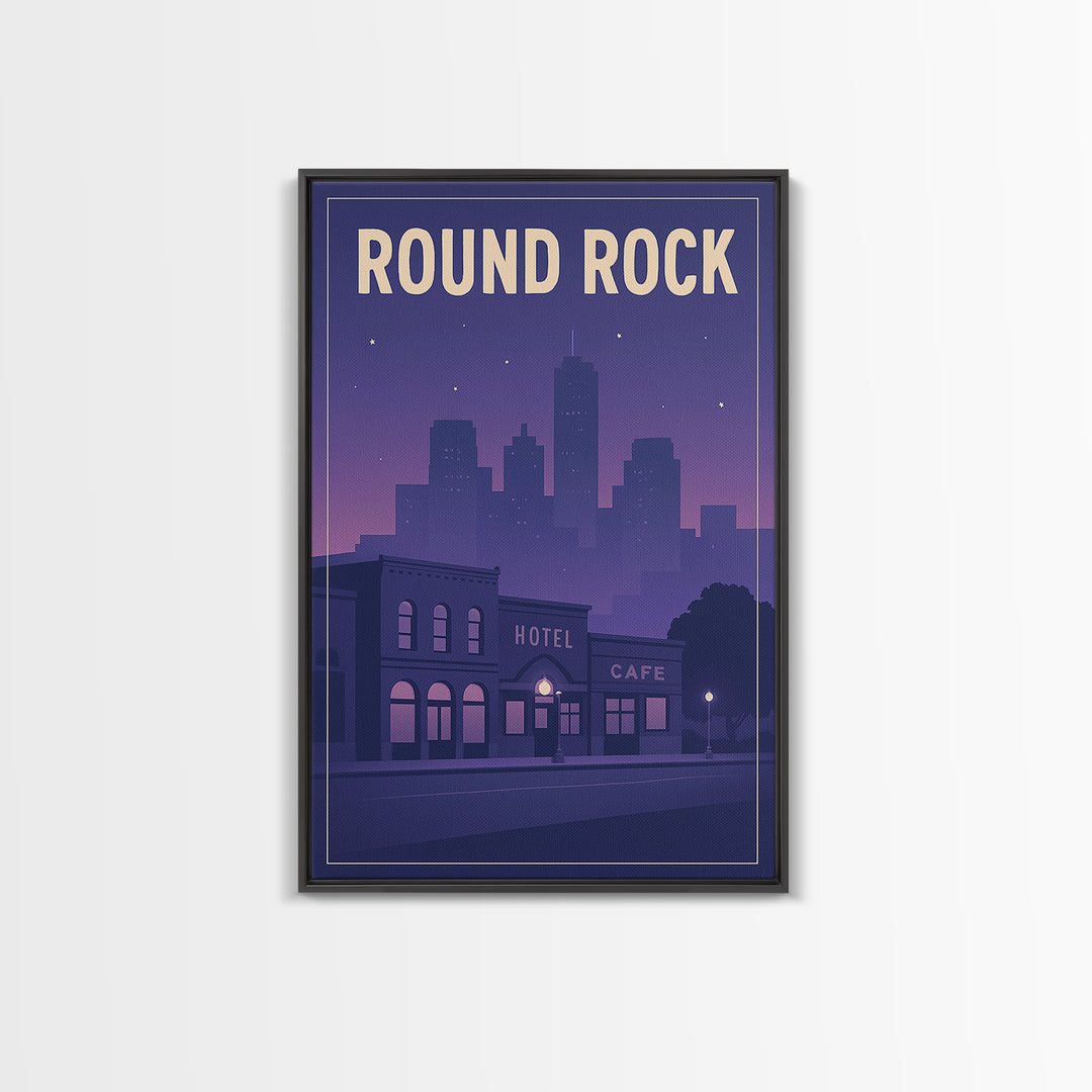 Round Rock Travel Poster, Framed Canvas Print, Retro Sunset Skyline Art, Round Rock Poster Print, Travel Art Print, Living Room Wall Art