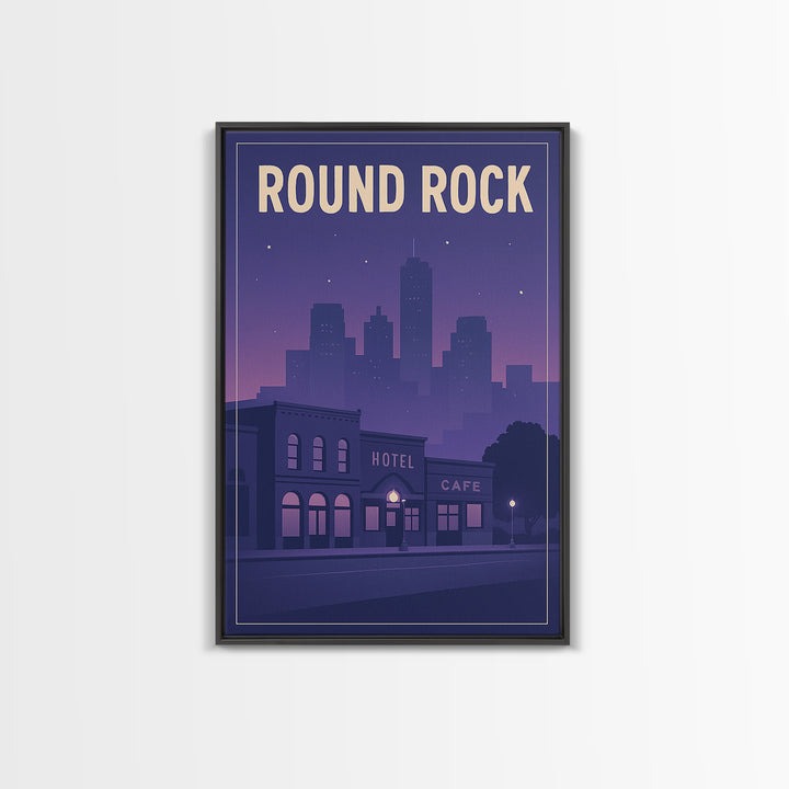 Round Rock Travel Poster, Framed Canvas Print, Retro Sunset Skyline Art, Round Rock Poster Print, Travel Art Print, Living Room Wall Art