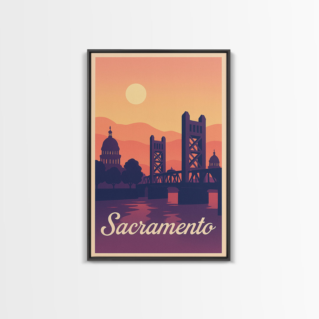 Sacramento California Travel Poster, Canvas Print, Retro Sunset Skyline Art, Sacramento Art Print, Wall Art, Mid Century Wall Art