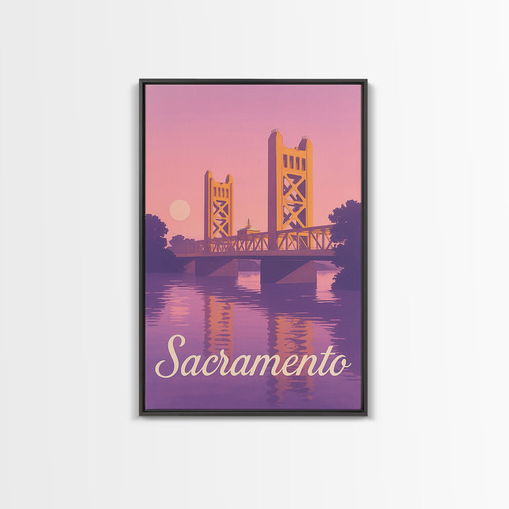 Sacramento Travel Poster, Canvas Print, Retro Sunset Skyline Art, Sacramento Art Print, Mid Century Wall Art, Gift For Travelers
