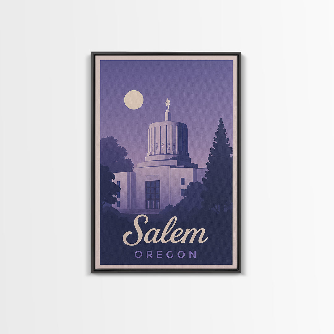 Salem Travel Poster, Canvas Print, Retro Sunset Skyline Art, Salem Art Print, City Illustration, Mid Century Wall Art, Travel Wall Decor