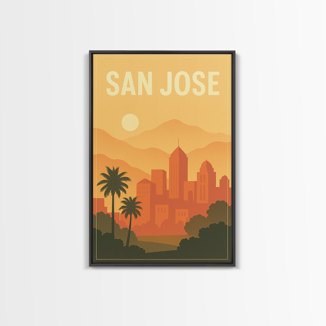 San Jose California Travel Poster, Framed Canvas Print, Retro Sunset Skyline Art, San Jose Poster Print, Fine Art Print, Vintage City Art