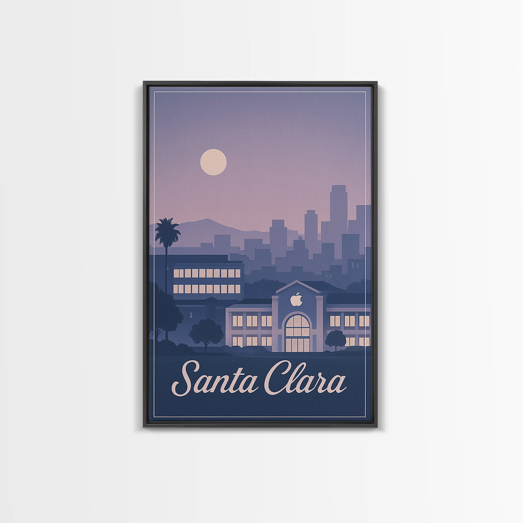 Santa Clara Travel Poster, Framed Canvas Print, Retro Sunset Skyline Art, Santa Clara Wall Art, Living Room Wall Art, Vintage City Art