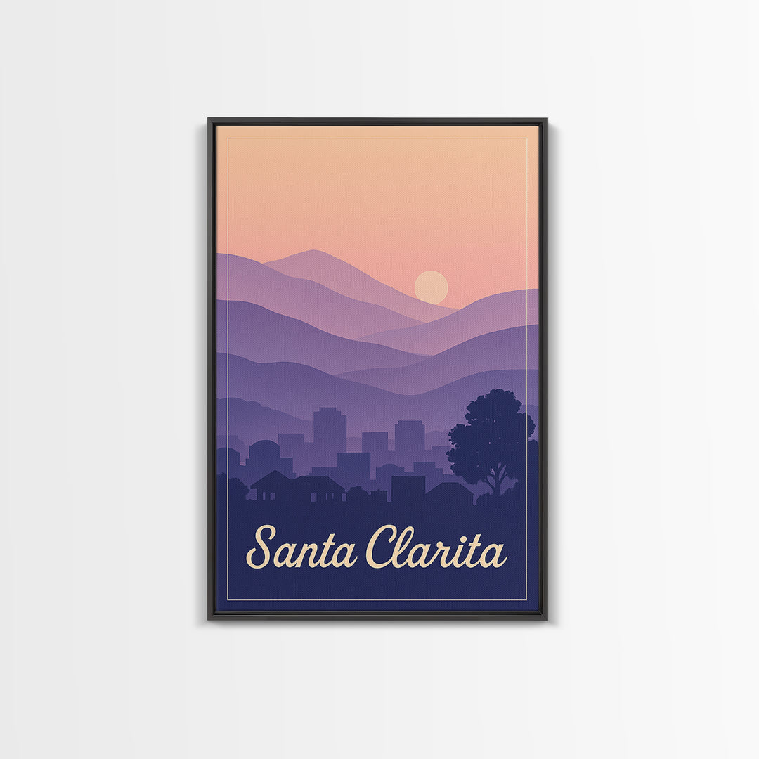 Santa Clarita Travel Poster, Framed Canvas Print, Retro Sunset Skyline Art, Santa Clarita Art Print, Travel Wall Decor, Modern Wall Decor