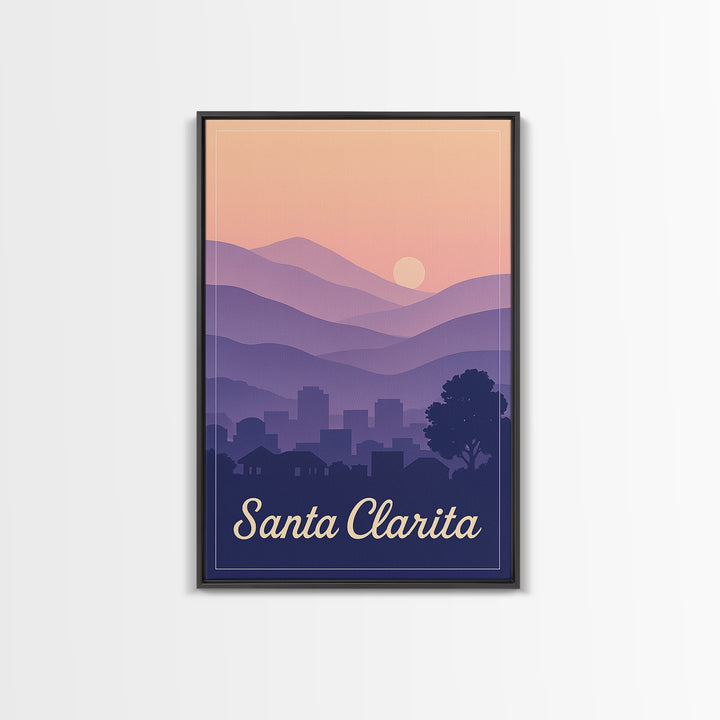 Santa Clarita Travel Poster, Framed Canvas Print, Retro Sunset Skyline Art, Santa Clarita Art Print, Travel Wall Decor, Modern Wall Decor