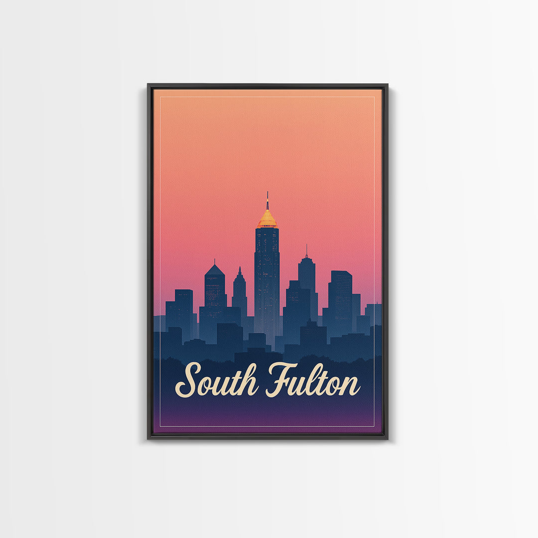 South Fulton Georgia Travel Poster, Canvas Print, Retro Sunset Skyline Art, South Fulton Wall Art, Gift For Travelers, Mid Century Wall Art