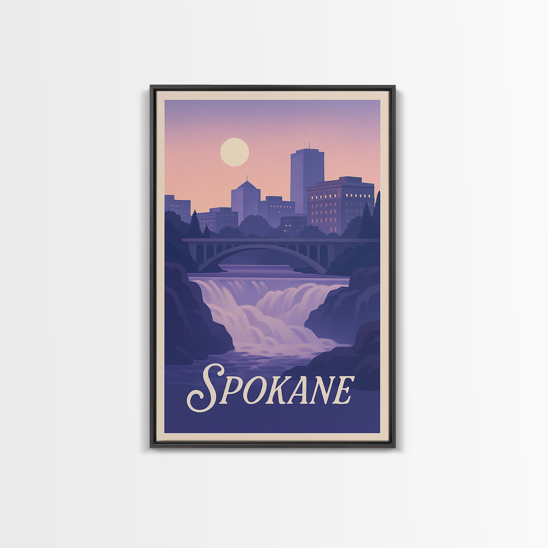 Spokane Travel Poster, Framed Canvas Print, Classic Travel Poster Art, Spokane Wall Art, Wanderlust Decor, Travel Poster Art, Home Decor