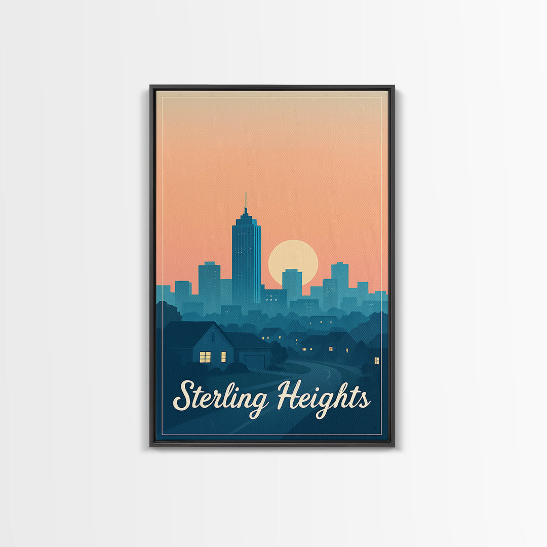 Sterling Heights Michigan Travel Poster, Framed Canvas Print, Retro Sunset Skyline Art, Sterling Heights Wall Art, City Travel Prints