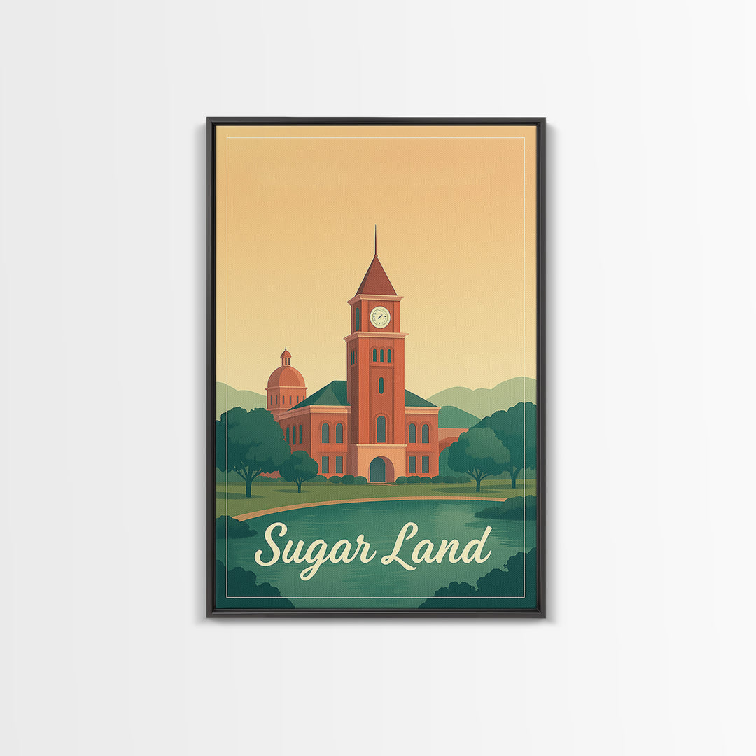 Sugar Land Texas Travel Poster, Framed Canvas Print, Mid Century City Wall Art, Sugar Land Travel Art, Travel Poster Art, Gift For Travelers
