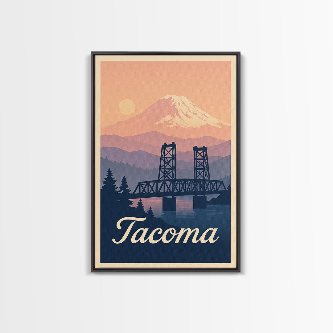 Tacoma Washington Travel Poster, Framed Canvas Print, Retro Sunset Skyline Art, Tacoma Poster Print, Eclectic Wall Decor, City Travel Prints