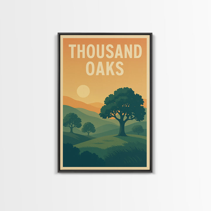 Thousand Oaks Travel Poster, Framed Canvas Print, Retro Sunset Skyline Art, Thousand Oaks Art Print, Vintage City Poster, Retro Travel Print