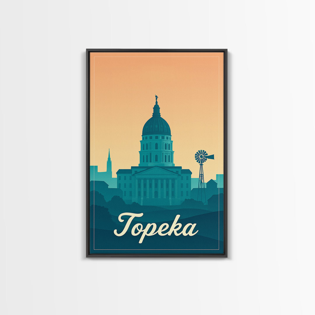 Topeka Kansas Travel Poster, Canvas Print, Retro Sunset Skyline Art, Topeka City Art, Gift For Travelers, Wall Art, Travel Art Print