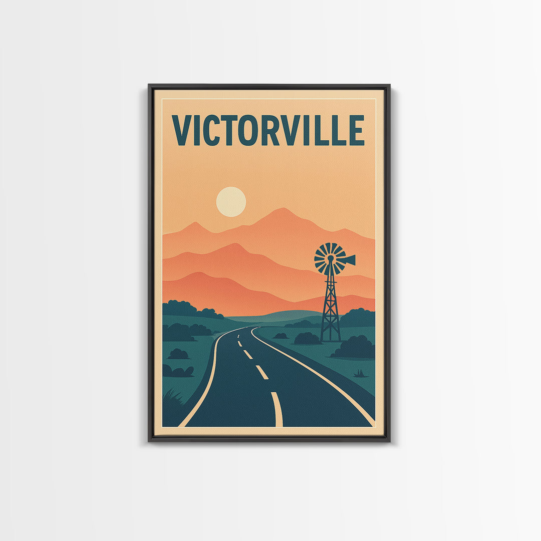 Victorville Travel Poster, Framed Canvas Print, Retro Sunset Skyline Art, Victorville Wall Art, City Art Print, Travel Poster Art