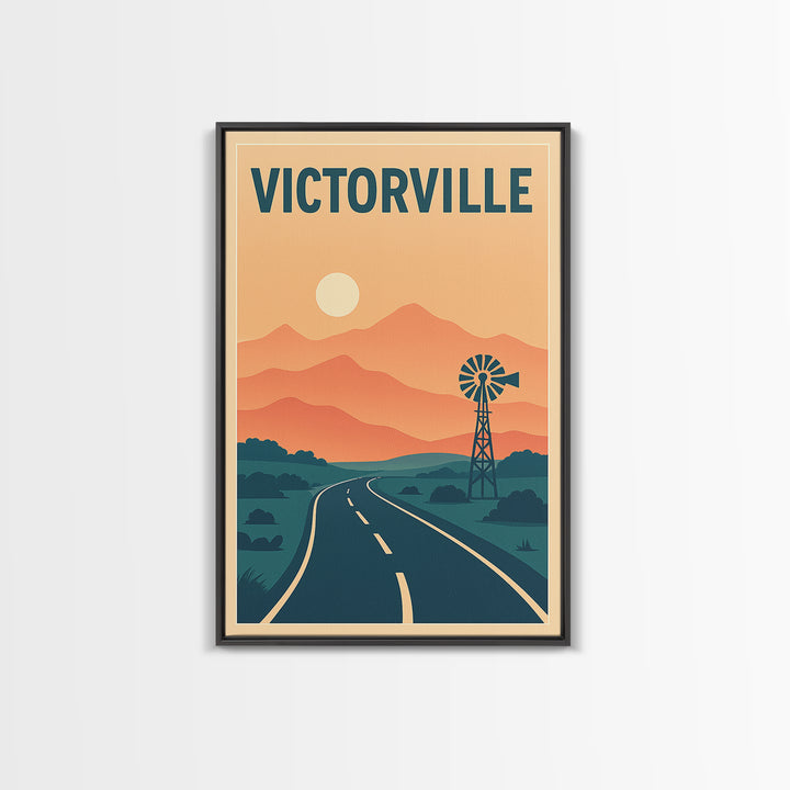 Victorville Travel Poster, Framed Canvas Print, Retro Sunset Skyline Art, Victorville Wall Art, City Art Print, Travel Poster Art