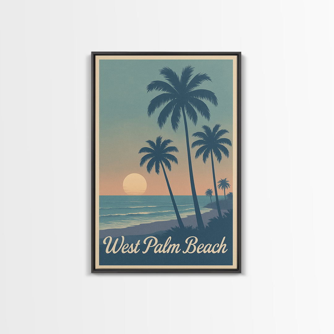 West Palm Beach Travel Poster, Framed Canvas Print, Retro Sunset Skyline Art, West Palm Beach Art Print, Fine Art Print, Travel Poster Art