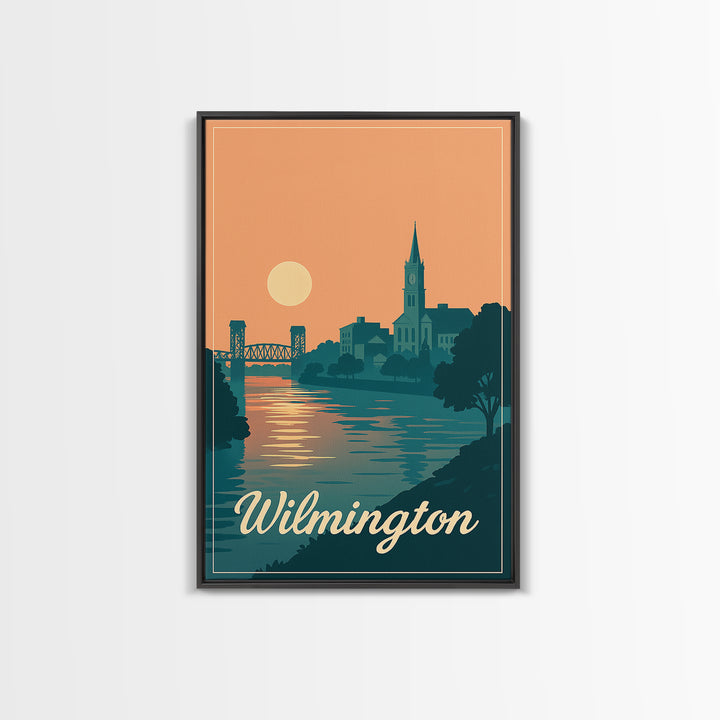 Wilmington North Carolina Travel Poster, Canvas Print, Mid Century City Wall Art, Wilmington Art Print, Wall Art, Watercolor Skyline Art