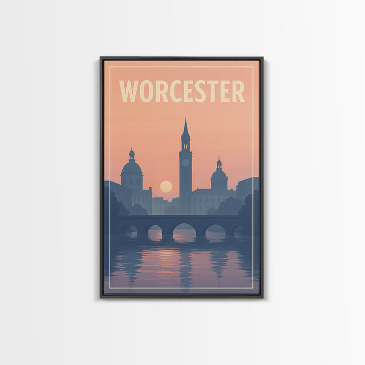 Worcester Massachusetts Travel Poster, Canvas Print, Sunset Skyline Art, Worcester Travel Art, Travel Poster Set, Watercolor City Skyline