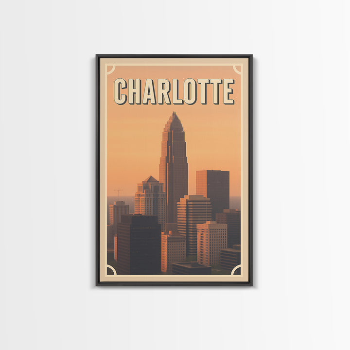 Charlotte Travel Poster, Framed Canvas Print, Vintage Theatre Style Art, Charlotte Poster Print, Gift For Travelers, Travel Poster Set