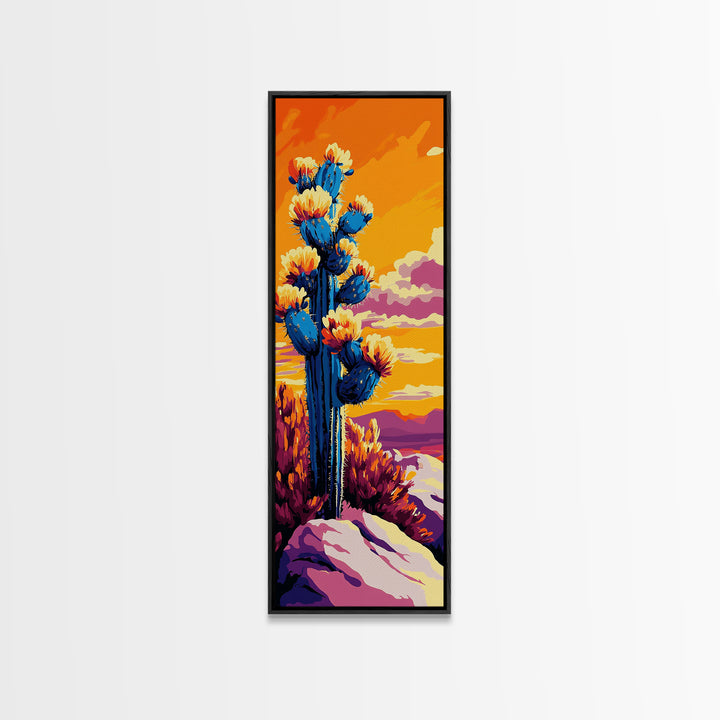 Blooming Cactus Sunset Canvas Print Southwest Wall Art Botanical Prints Vibrant Desert Painting Extra Wide Art