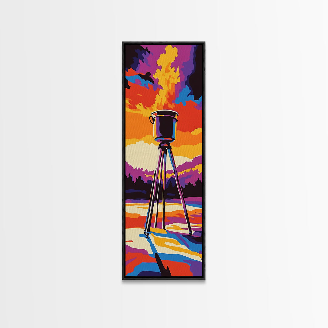 Campfire Under Sunset Framed Canvas Print Southwest Wall Art Rustic Art Moody Art Tall Skinny Art Living Room Art