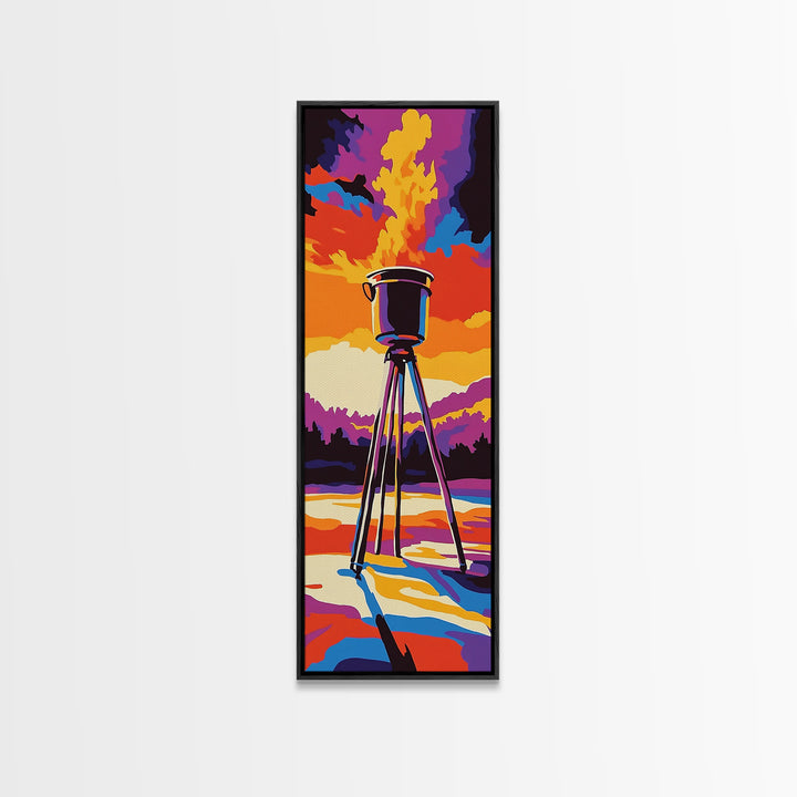 Campfire Under Sunset Framed Canvas Print Southwest Wall Art Rustic Art Moody Art Tall Skinny Art Living Room Art