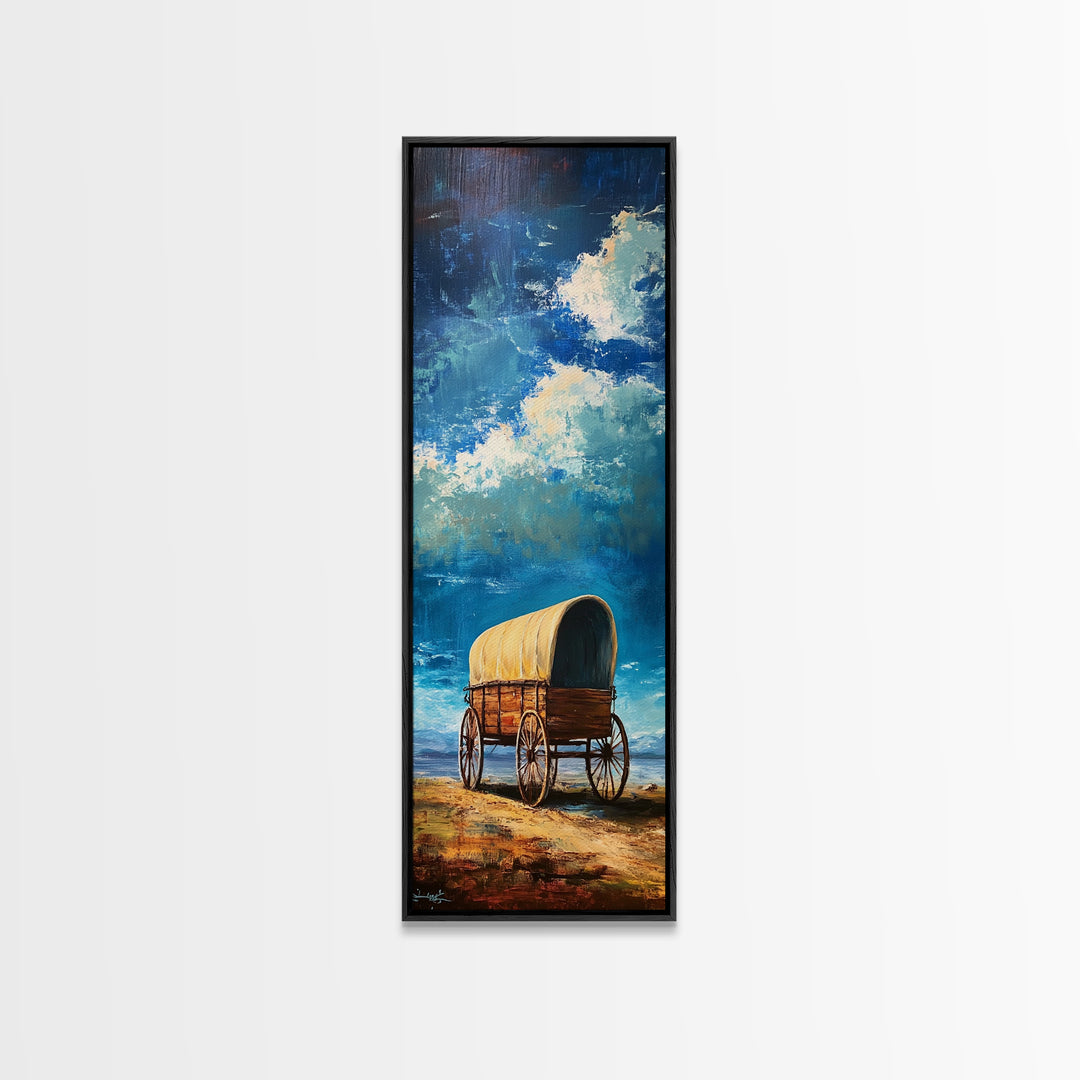 Vintage Covered Wagon Painting Framed Canvas Print, Rustic Wall Art, Farmhouse Art, Moody Art, Landscape Painting, Southwest Wall Art