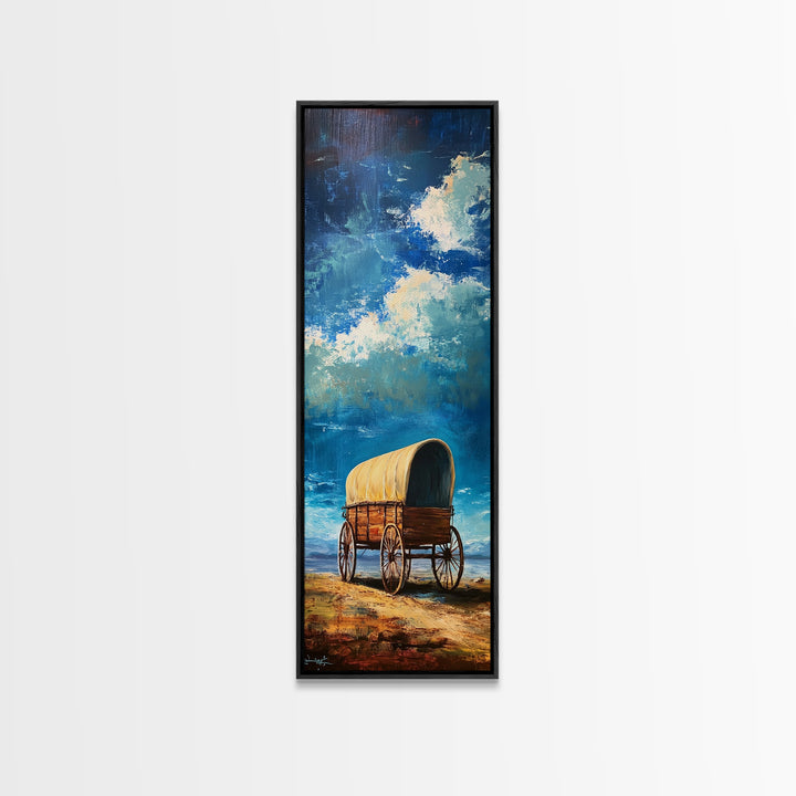 Vintage Covered Wagon Painting Framed Canvas Print, Rustic Wall Art, Farmhouse Art, Moody Art, Landscape Painting, Southwest Wall Art