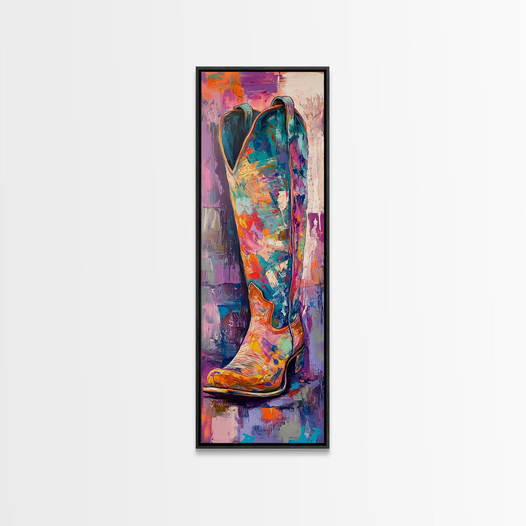 Colorful Cowboy Boot Oil Painting Framed Canvas Print, Whimsical Art, Rustic Wall Art, Extra Wide Art, Southwest Wall Art