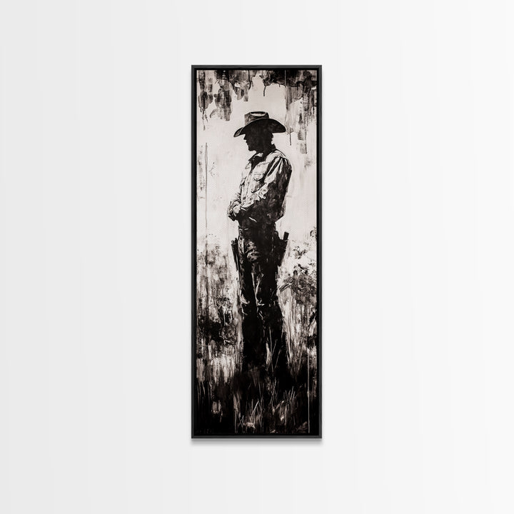 Black and White Cowboy Art Framed Canvas Print, Rustic Wall Art, Moody Art, Southwest Wall Art, Vintage Horse Art, Tall Narrow Art
